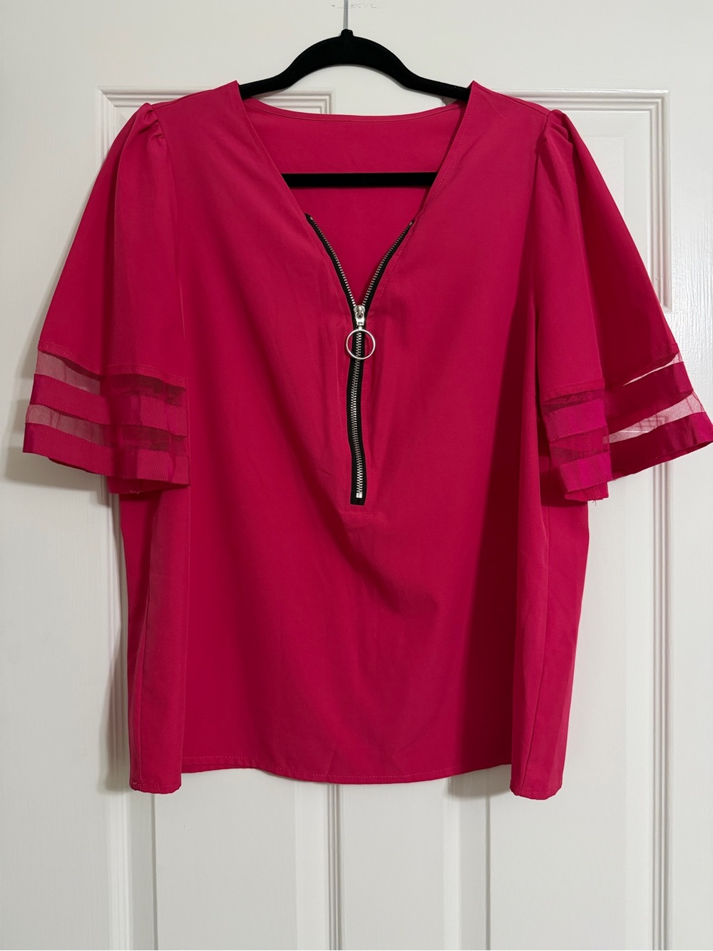 Women's Pink Zip-Front Flutter Sleeve Top